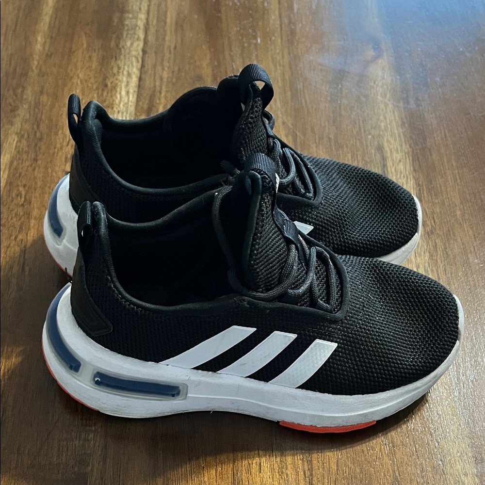 Adidas Boys Black Sneakers with White Stripes and Red Sole Accent